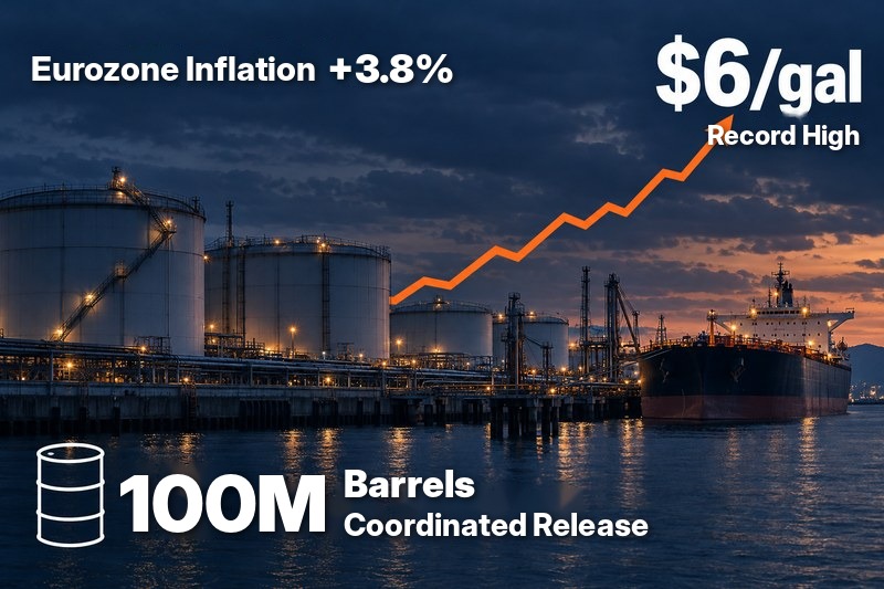 Eurozone inflation +3.8%, U.S. diesel at a record high of $6/gal, and a coordinated release of 100 million barrels of oil reserves