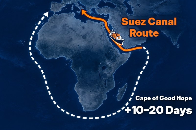 Suez Canal route versus the Cape of Good Hope route, which adds 10–20 days