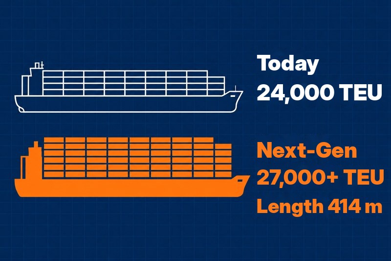 Container ship size: 24,000 TEU today versus next-generation vessels of over 27,000 TEU with a length of 414 m